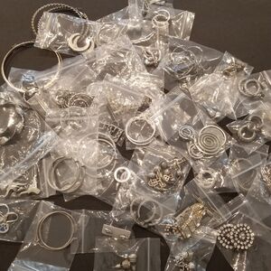 SilverTone Earrings Lot 40 Plus Pairs Hoops, Studs, Dangly Earrings